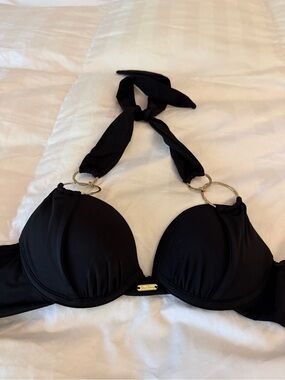Beach Bunny-Black Halter Push-Up Bikini Top with Gold Rings